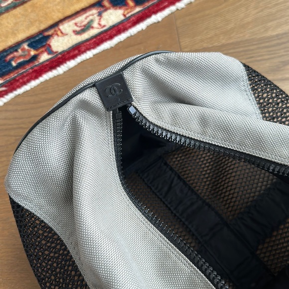 Chanel Sports CC Logo Duffle Nylon Mesh Black Grey Gray Gym Tennis Travel Bag - Picture 8 of 17